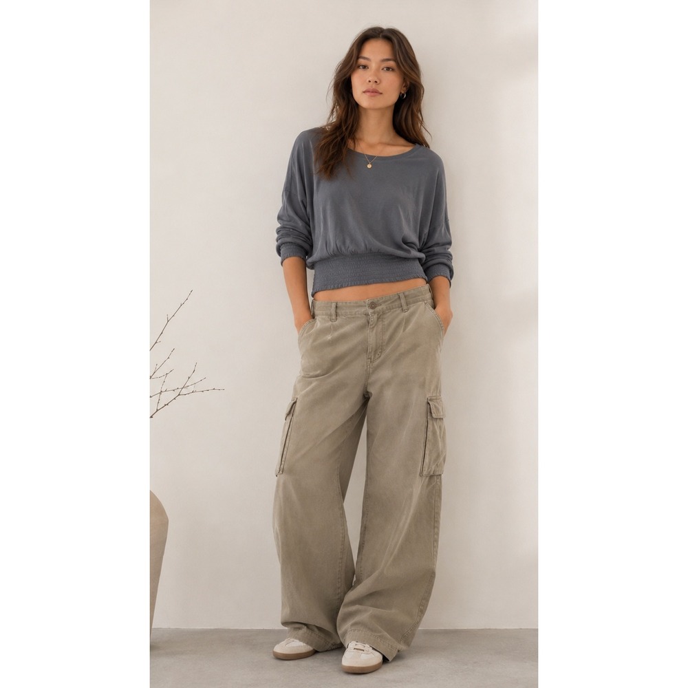 Lucky Brand Gray Modal Smocked Hem Long Sleeve Top Womens Small